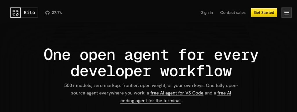 Kilo official homepage header introducing its coding-agent workflows