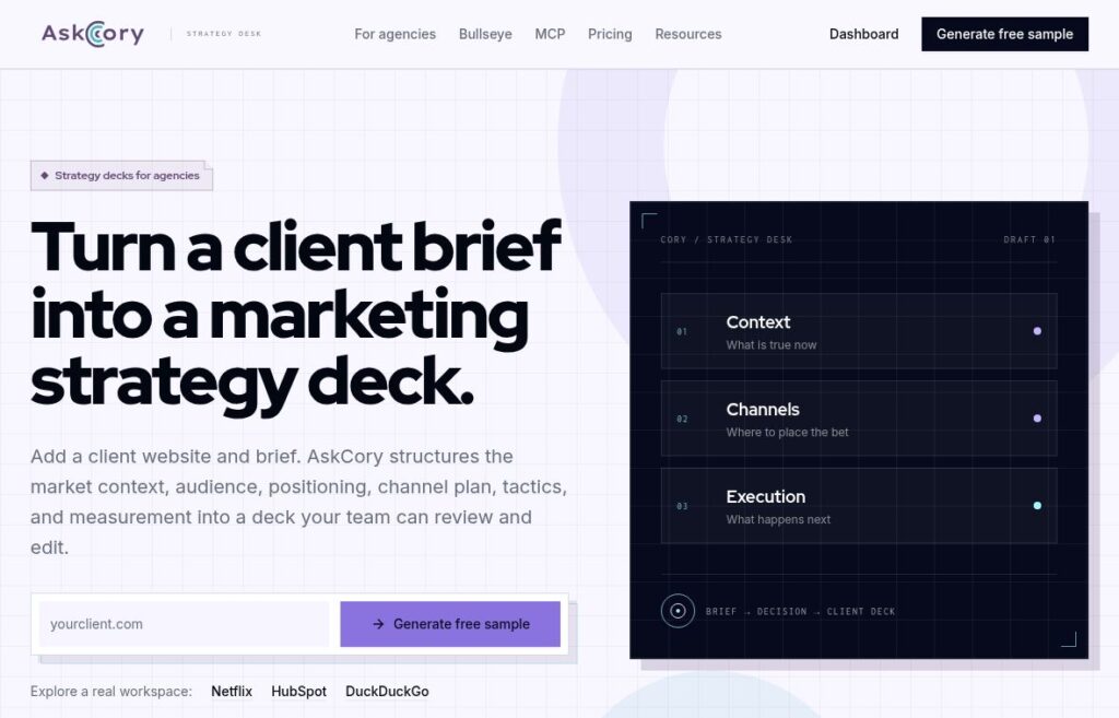 AskCory official homepage with marketing strategy deck headline, empty website field, and sample Context, Channels, and Execution diagram