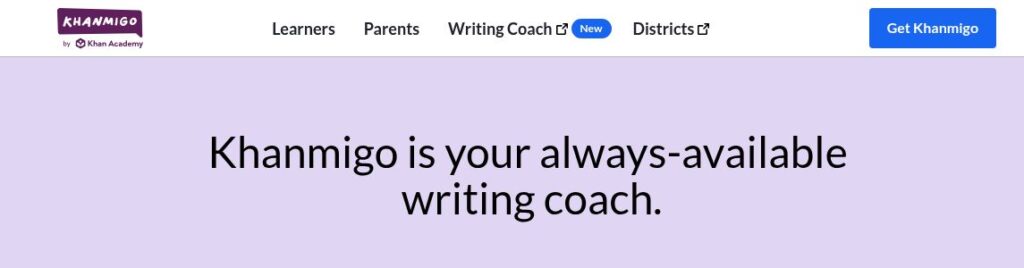 Khanmigo by Khan Academy homepage header introducing a writing coach