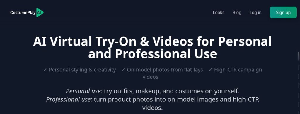 CostumePlay AI homepage header introducing virtual try-on and fashion videos