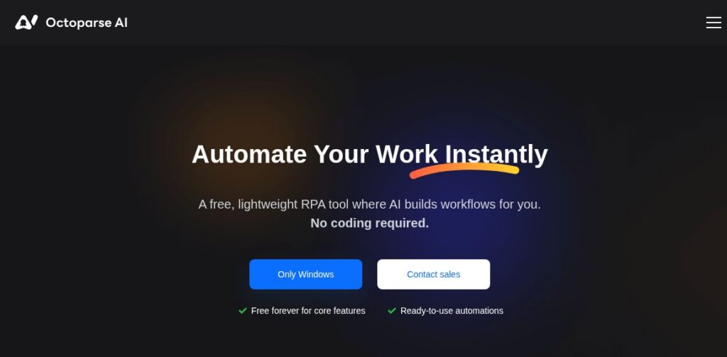 Octoparse AI homepage header introducing AI workflows and RPA bots