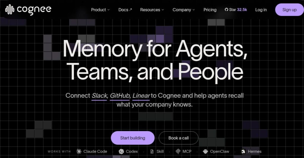 Cognee official homepage introducing memory for agents, teams, and people