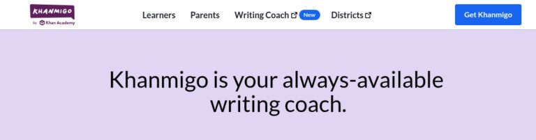 Khanmigo by Khan Academy homepage header introducing a writing coach