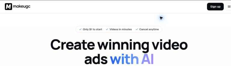 MakeUGC homepage header for creating AI-presenter advertising videos
