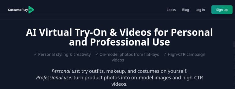 CostumePlay AI homepage header introducing virtual try-on and fashion videos