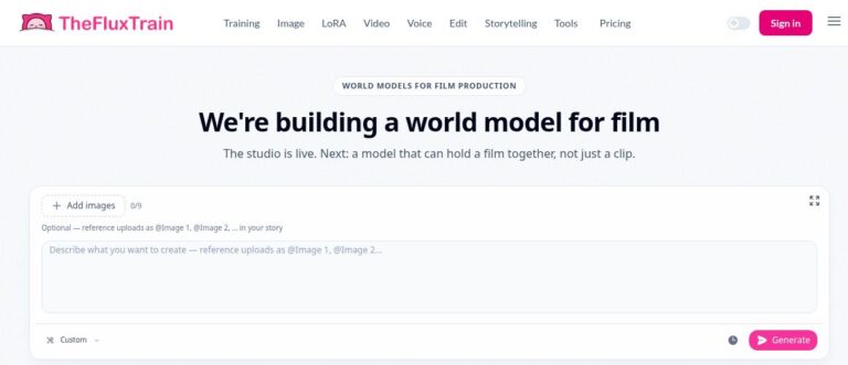 TheFluxTrain official homepage with its logo, world-model development headline and empty public studio form