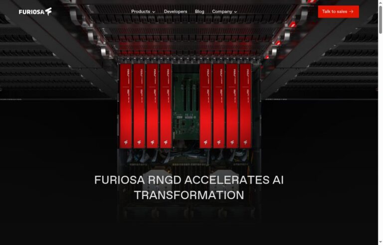 Furiosa official homepage with its brand header, RNGD hardware image and complete product headline
