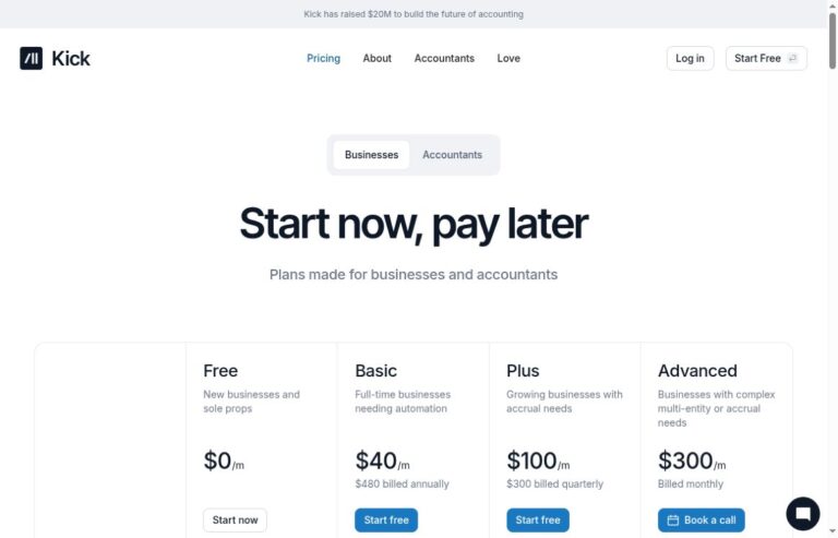 Kick official business-pricing page with Free, Basic, Plus and Advanced plan cards
