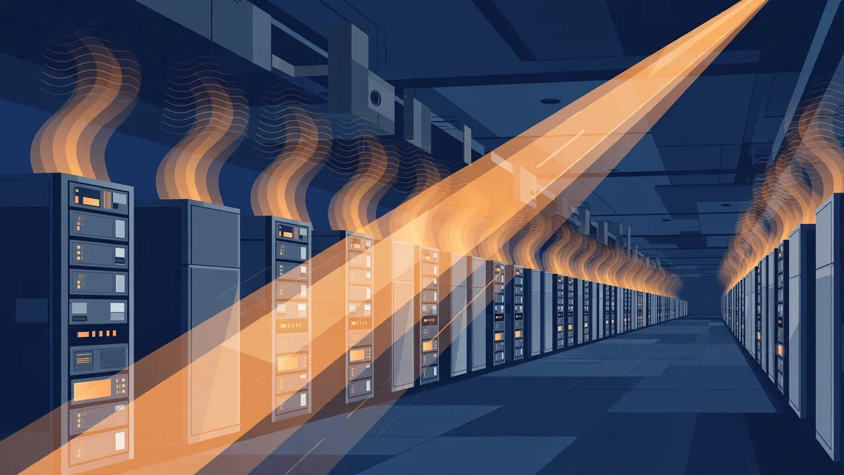 Abstract illustration of data center infrastructure and rising financing costs