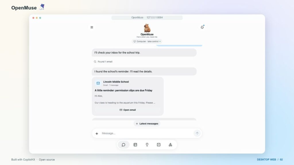 OpenMuse: A Self-Hosted Workspace for Supervised AI Agents 3 OpenMuse desktop demo interface showing a fictional Lincoln Middle School mailbox message.