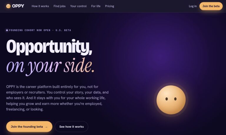 OPPY official homepage with Opportunity, on your side headline, U.S. founding-beta label and career-platform introduction