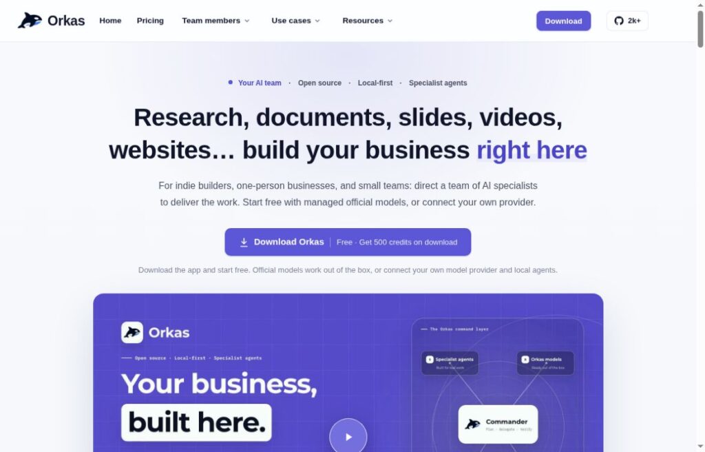 Orkas: Local-First AI Teams for Research and Documents 8 Orkas official homepage showing its AI team headline, local-first positioning and download offer.
