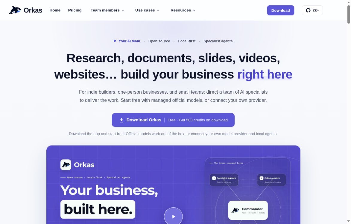 Orkas: Local-First AI Teams for Research and Documents 2 Orkas official homepage showing its AI team headline, local-first positioning and download offer.