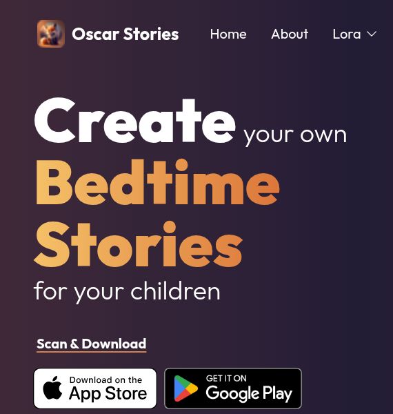 Oscar Stories homepage introducing personalized bedtime stories with App Store and Google Play links