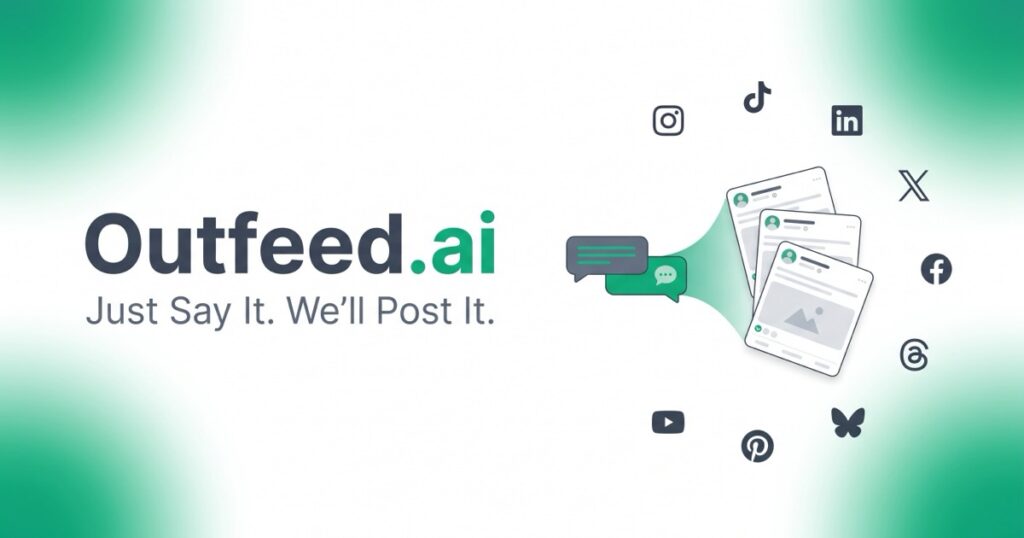 Outfeed AI 6 Official Outfeed.ai promotional graphic with its wordmark, illustrated social posts and nine network icons.