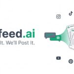 Outfeed AI 1 Official Outfeed.ai promotional graphic with its wordmark, illustrated social posts and nine network icons.