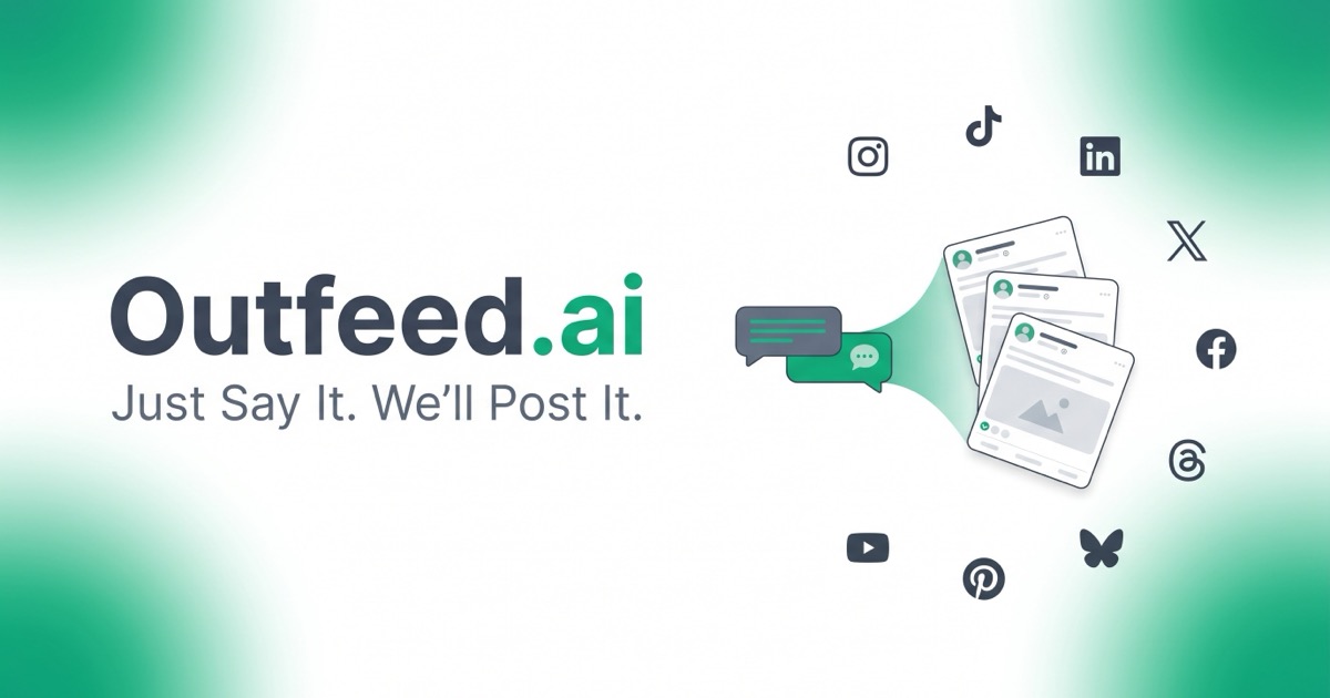 Outfeed AI 2 Official Outfeed.ai promotional graphic with its wordmark, illustrated social posts and nine network icons.