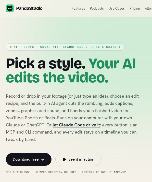PandaStudio homepage showing its AI video editing introduction