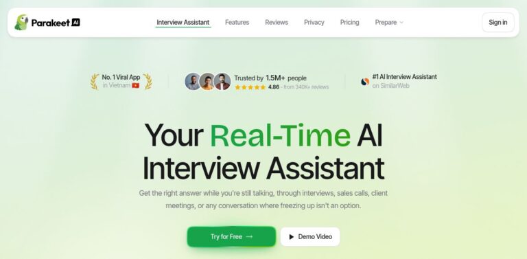 Parakeet AI official homepage with logo, navigation, vendor rankings and review figures, real-time interview-assistant headline and two action buttons