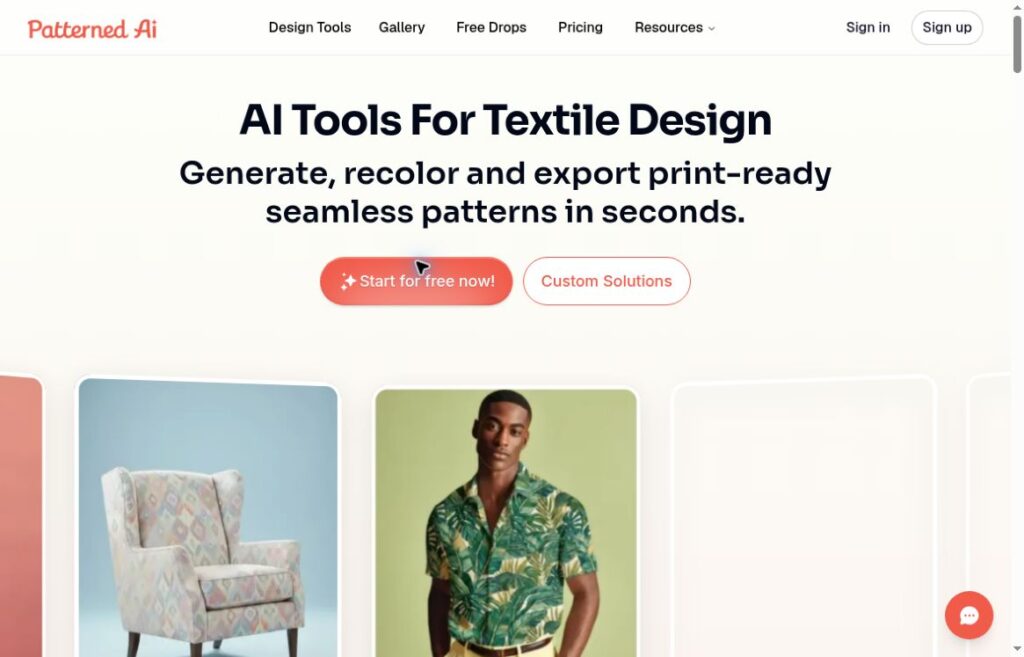Patterned AI homepage showing tools for creating and refining repeat patterns