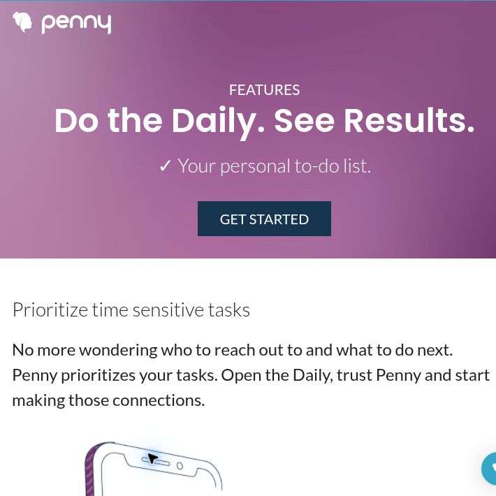 Penny’s Daily feature page showing its logo, task-list headline and Get Started button.
