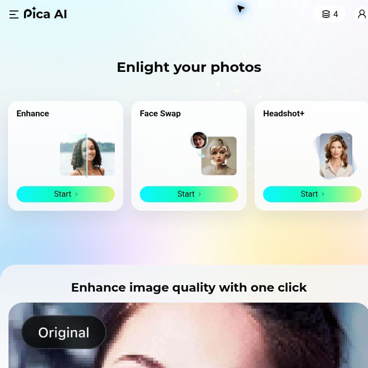 Pica AI homepage with Enlight your photos headline and Enhance, Face Swap and Headshot+ cards.
