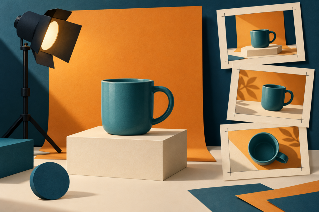 A teal mug is staged under a studio light beside three storyboard cards showing alternate product views.