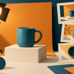 A teal mug is staged under a studio light beside three storyboard cards showing alternate product views.