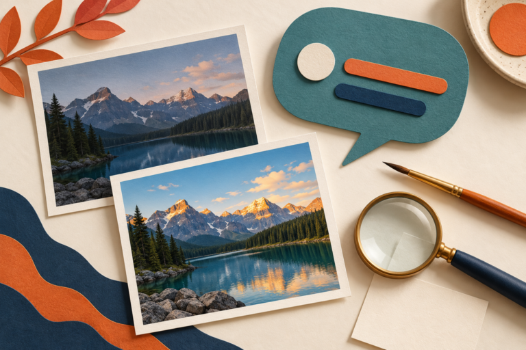 Two mountain-lake photo prints beside a teal paper chat bubble, paintbrush and magnifying glass.