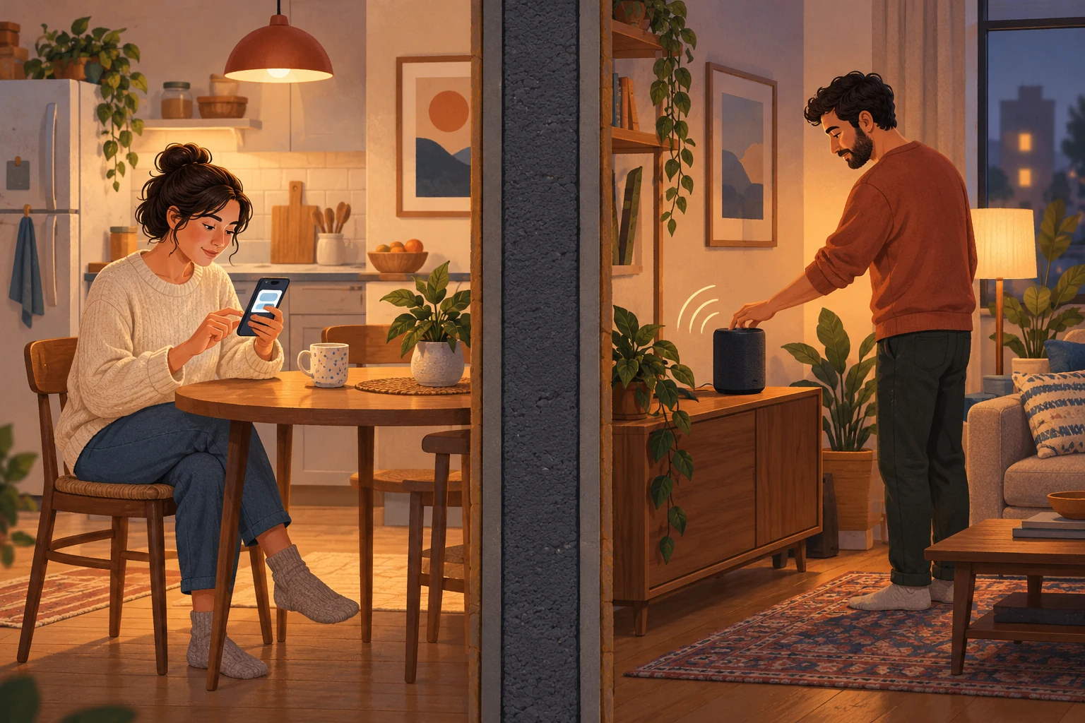 Editorial illustration of a neighbor sending a polite phone message while the person next door lowers a speaker’s volume.