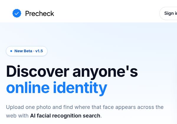 PreCheck.ai logo and homepage face-search headline, with no uploaded photo or search results.