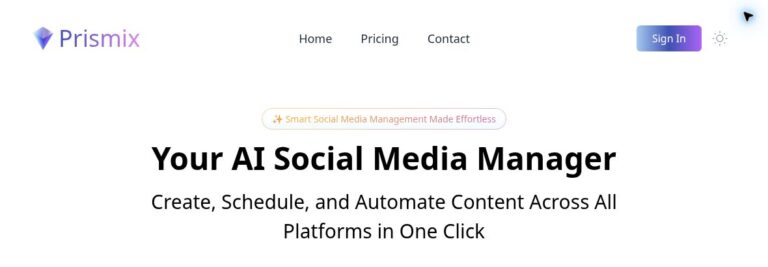 Prismix AI 1 Prismix official homepage with logo, AI Social Media Manager headline and one-click, all-platform tagline