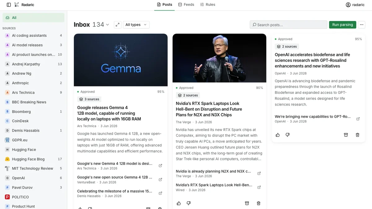 Radaric AI-filtered inbox with approved posts