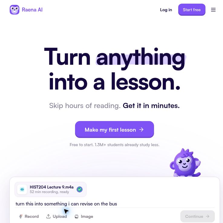 Raena AI homepage with its lesson headline, first-lesson button and public demo preview.