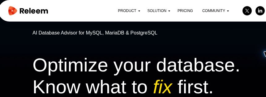Releem logo and database-advisor headline on its official homepage