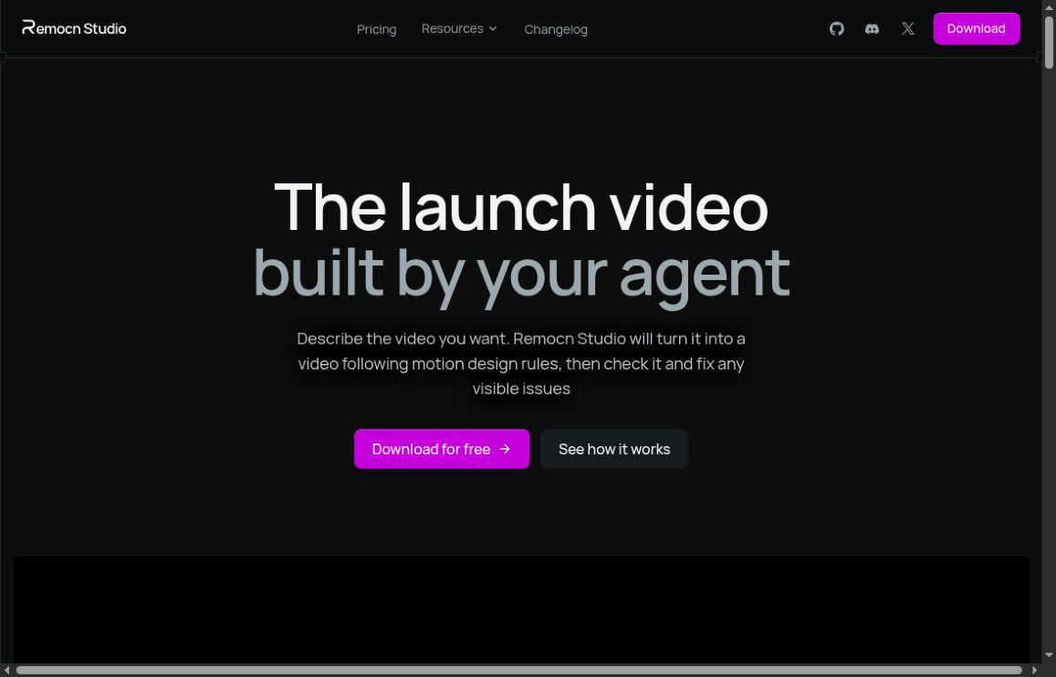 Remocn Studio: Create Editable AI Launch Videos 2 Remocn Studio official homepage introducing its open-source AI video creation studio.
