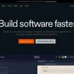 Historical Replit homepage with orange logo, Build software faster headline, and a partial coding workspace preview.