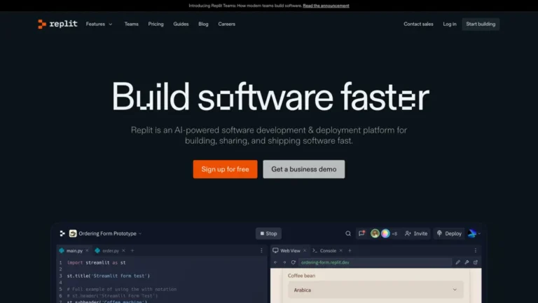 Replit 4 Historical Replit homepage with orange logo, Build software faster headline, and a partial coding workspace preview.