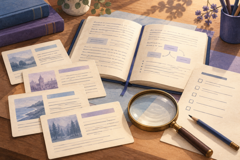 Conceptual illustration of an open notebook, illustrated cards, a checklist, magnifying glass and pencil on a desk.