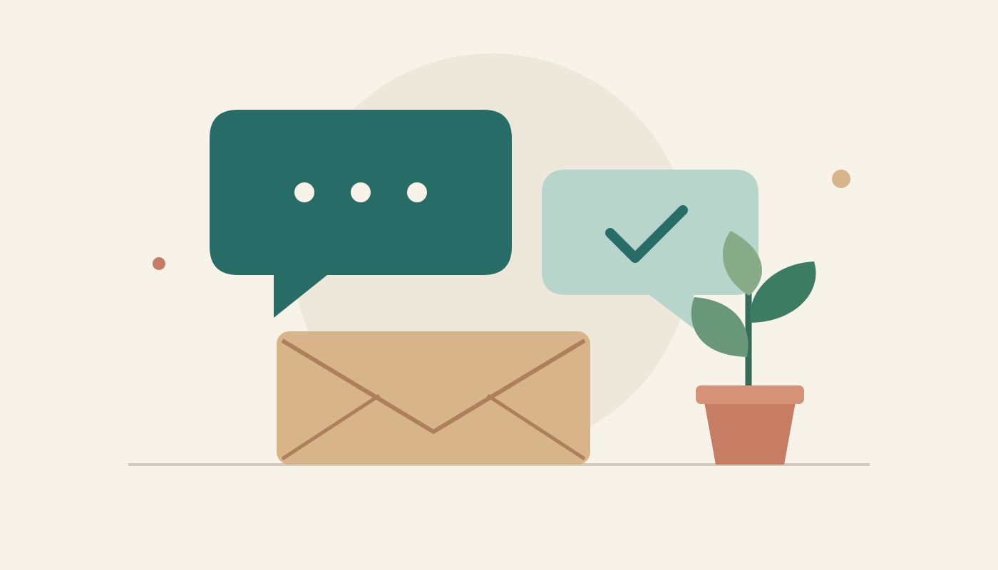 Illustration of two speech bubbles above a closed envelope beside a small plant.