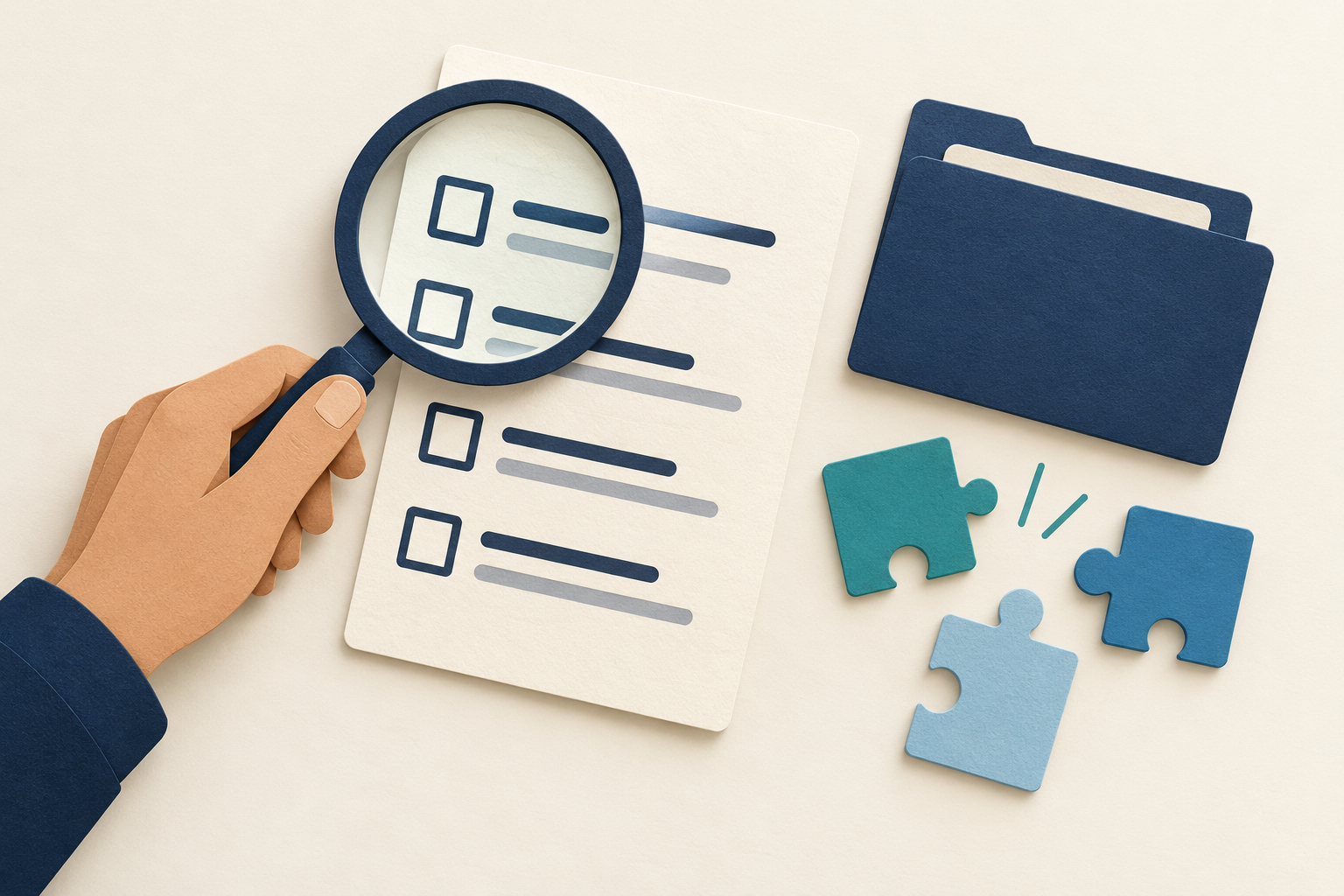 A hand holds a magnifying glass over a checklist beside a blue folder and three separate puzzle pieces.