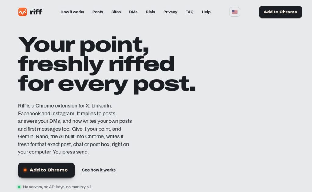 Riff official homepage describing on-device Chrome writing for replies and posts.