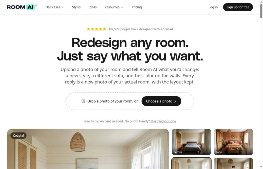 Room AI homepage with its room-redesign headline, photo-upload control and bedroom style previews