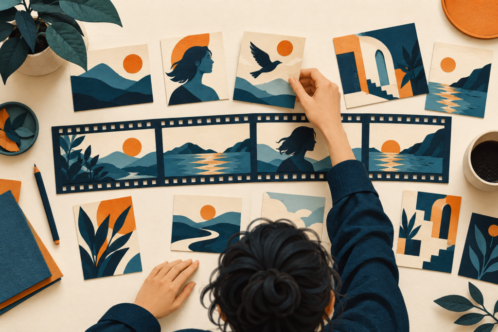 A creator arranges illustrated cards above a filmstrip storyboard on a desk.