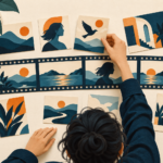 A creator arranges illustrated cards above a filmstrip storyboard on a desk.