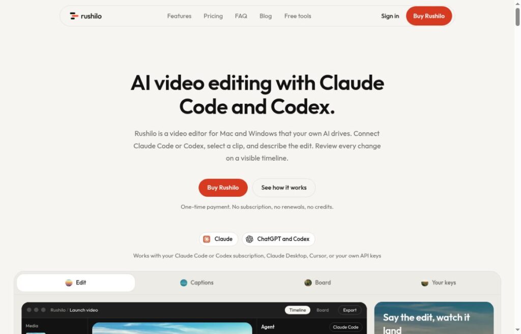 Rushilo: Edit Videos with Claude Code or Codex 8 Rushilo official homepage introducing AI video editing with Claude Code and Codex.