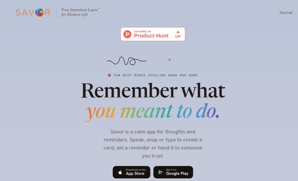 Savor official homepage introducing voice, photo, and text capture for reminder cards, with iPhone and Android download links.