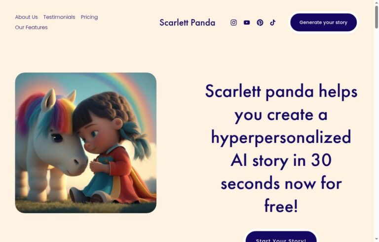 Scarlett Panda homepage showing personalized AI stories and an illustrated child with a unicorn