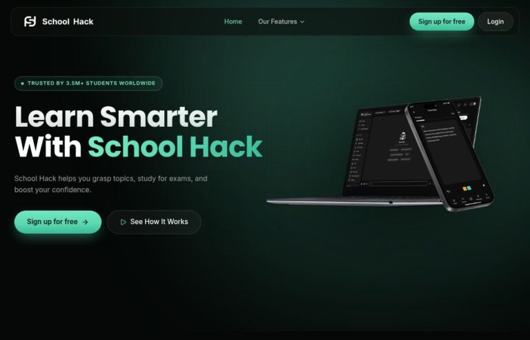 School Hack homepage showing its logo, study headline and laptop and phone product mockups