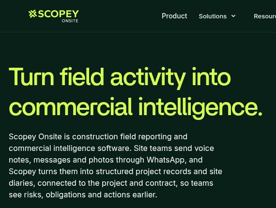 Scopey Onsite homepage showing its logo and field-reporting headline above a description of WhatsApp-based project records.